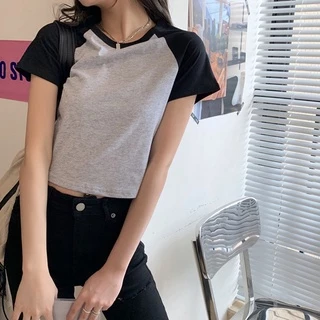 【WANG JIAO ZHAN】 Áo crop top màu tương phản phong cách Hàn Quốc thời trang【6680】