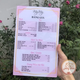 Menu bảng giá tóc, nail, mi, bảng giá dịch vụ thẩm mỹ , spa, quán tóc in bằng mica sáng bóng