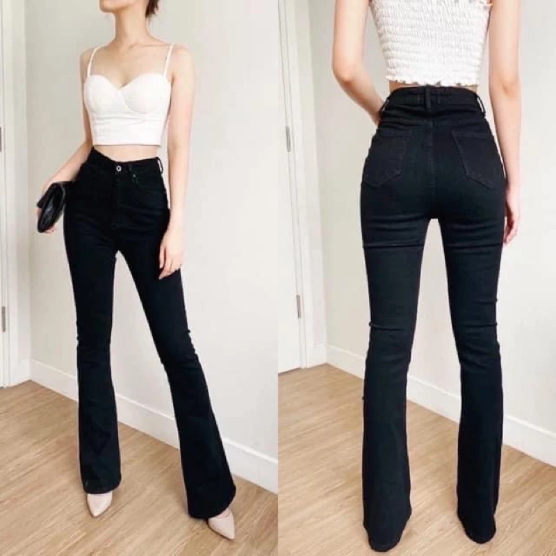 Quần jeans loe cạp cao phom dài may gấu chất bò dãn hack chân