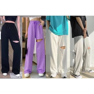 Quần Ống Rộng Rách Gối Lưng Thun Culottes Ulzzang Unisex - MM