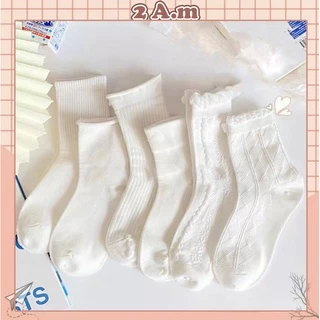 Tất Cổ Cao Nữ Ren Thun Thời Trang Hàn Quốc - Vớ Nữ Cao Ren Bèo Màu Trắng Phong Cách Unisex