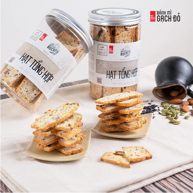 Bánh BISCOTTI Tổng Hợp Thương Hiệu Gạch Đỏ 250g, Ngọt Từ Gạo Lứt Và Mật Ong, Chuẩn Ăn Kiêng