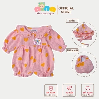 Bộ áo liền quần cho bé sơ sinh Nina Kids Boutique Body đùi bé gái dài tay Size 0m 24m Chất xô muslin - màu hồng tim vàng