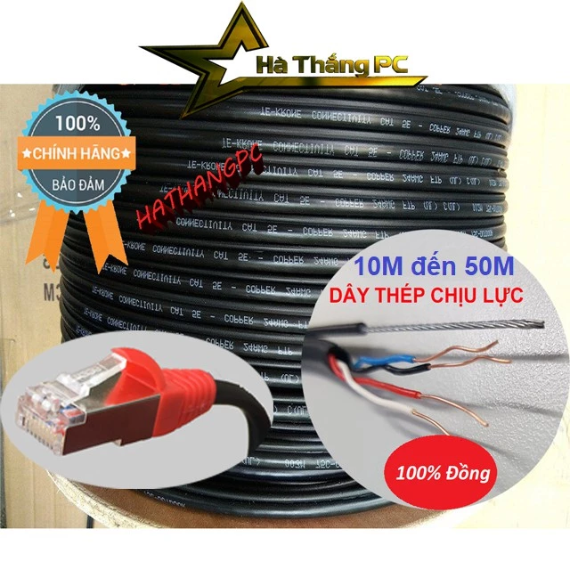 Dây cáp mạng lan ngoài trời bấm sẵn 10m 20m 30m 40m 50m có dây thép chịu lực