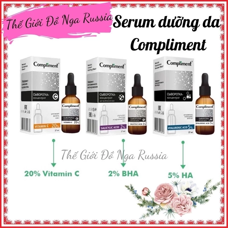 Tinh chất serum Compliment 20% vitamin C, 2%BHA, 5% Hyaluronic giữ ẩm, giảm mụn, Trắng da