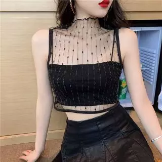 Two Piece Women's Camisole +Mesh Vest Black Sexy Croptop Summer Out Wear