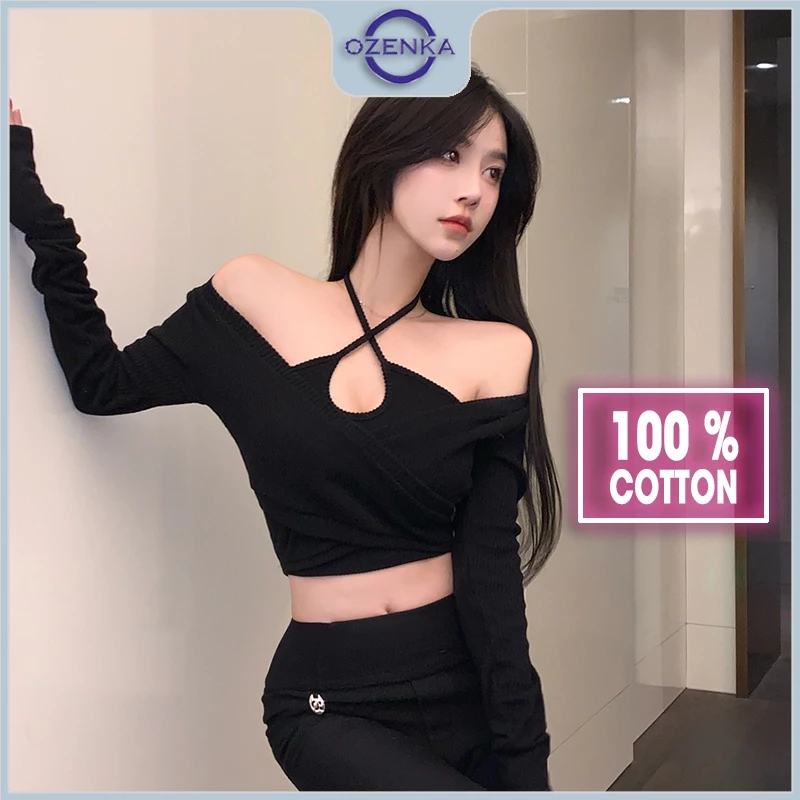 Áo croptop trễ vai tay dài ôm nữ 2 lớp Ozenka , áo crt cổ yếm buộc dây sau gáy màu đen trắng chất gân cotton mềm mịn mát