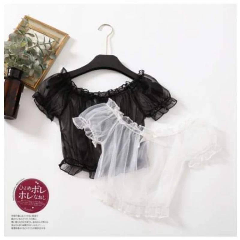 ⚡RẺ VÔ ĐỊCH⚡Áo blouse Lolita trễ vai tay phồng chất voan mỏng xuyên thấu, sơ mi phối cùng jsk