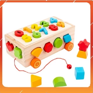 Đồ chơi gỗ thông minh xe kéo thả hình khối kết hợp số đếm cho bé - Xe thả hình khối, thả số bằng gỗ cho bé 1 2 3 tuổi