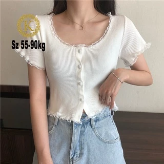 Áo croptop bigsize 55-90kg KimFashion, áo kiểu croptop bigsize nút phối ren AT08