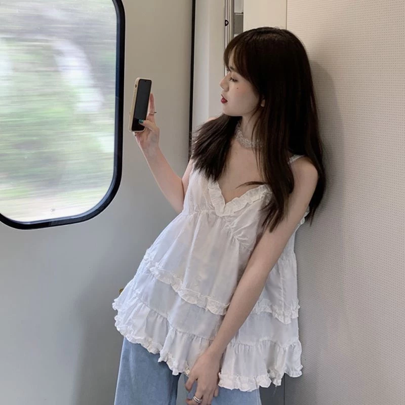 Áo hai dây cổ chữ V màu sắc đơn giản thời trang hè kiểu Hàn Quốc 2021