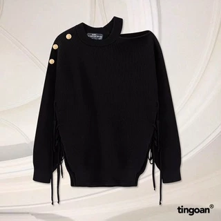 TINGOAN® HCM - Áo len trễ vai một bên xẻ vạt buộc dây đen AFTER YOU SWEATER/BL