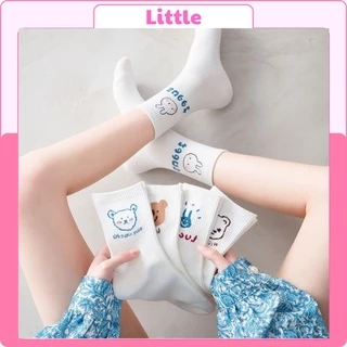 Tất cổ cao, vớ cổ cao nữ trắng họa tiết hình thú xinh xắn vải cotton co giãn thời trang Hàn Quốc