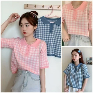 Áo polo len dệt kim TIENKHISHOP croptop tay lở caro ulzzang phom rộng A104