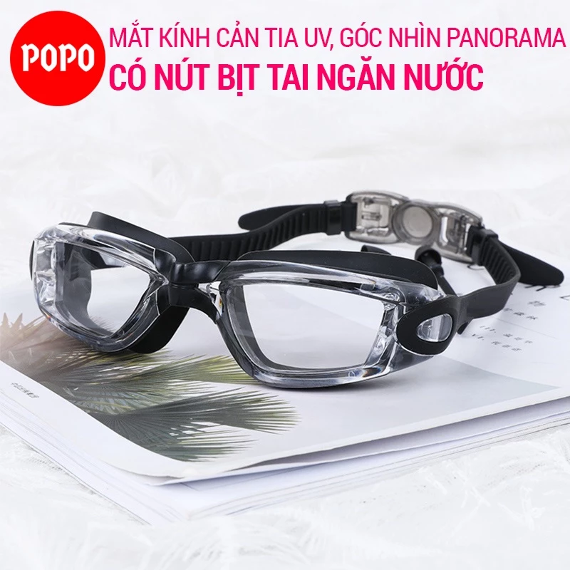 Kính bơi người lớn mắt trong cho nam nữ POPO1940T cản tia UV hạn chế sương mờ, có bịt tai