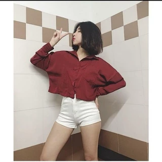 Áo sơ mi croptop tay dài phom rộng màu đỏ đô