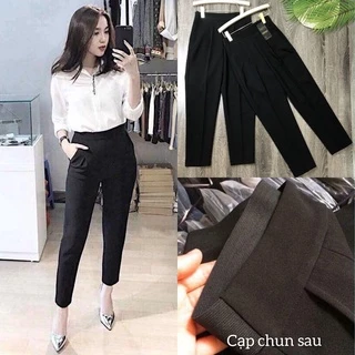 Quần baggy công sở cạp chun sau chất vải tuyết mưa mềm mát màu đen Quần vải nữ lưng chun dáng dài đẹp mặc đi làm đi học