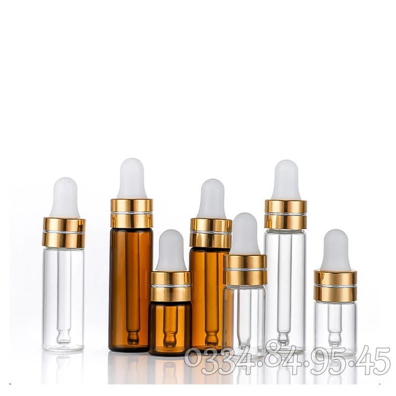 50 - 100 Chai thủy tinh MỎNG thân NÂU / TRONG nắp bóp VÀNG 1ml 2ml 3ml 5ml - Lọ đựng serum, chiết tinh dầu, du lịch.