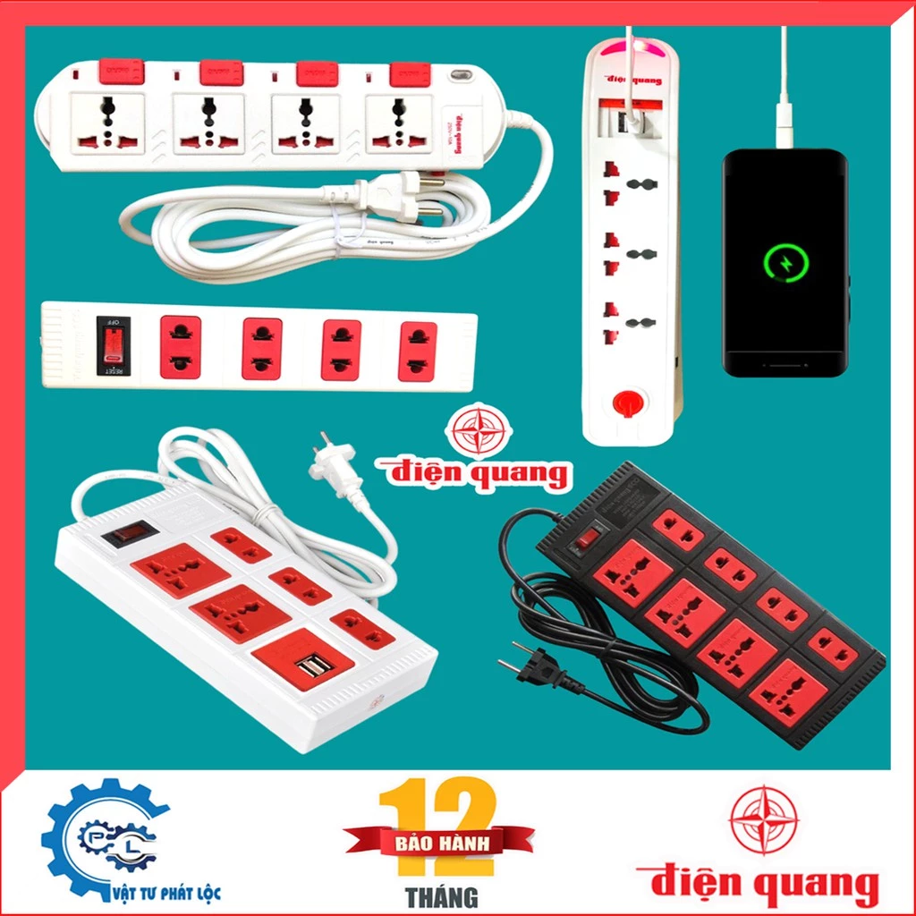 Ổ điện Điện Quang 3 lỗ - 4 lỗ - 6 lỗ - 8 dây dài 2M-5M, Ổ cắm màu đen-đỏ, trắng-đỏ Công suất cao