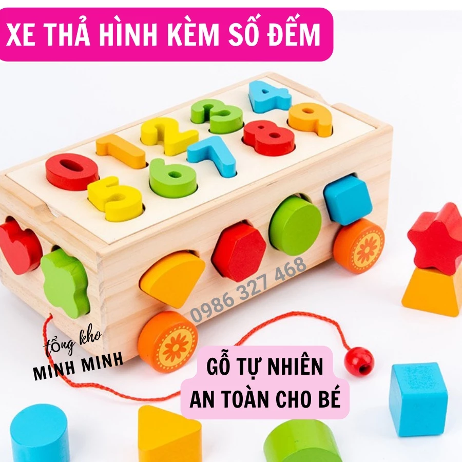 [ SỈ] Đồ Chơi Montessori, Đồ Chơi Gỗ Thông Minh: Xe Kéo Thả Số Và Hình Khối Cho Bé