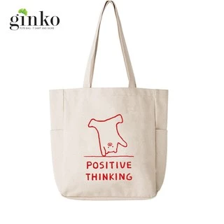 Túi Vải Tote Ginko Unisex Có Dây Kéo Khóa (túi con) Phong Cách Hàn Quốc In Hình POSITIVE THINKING