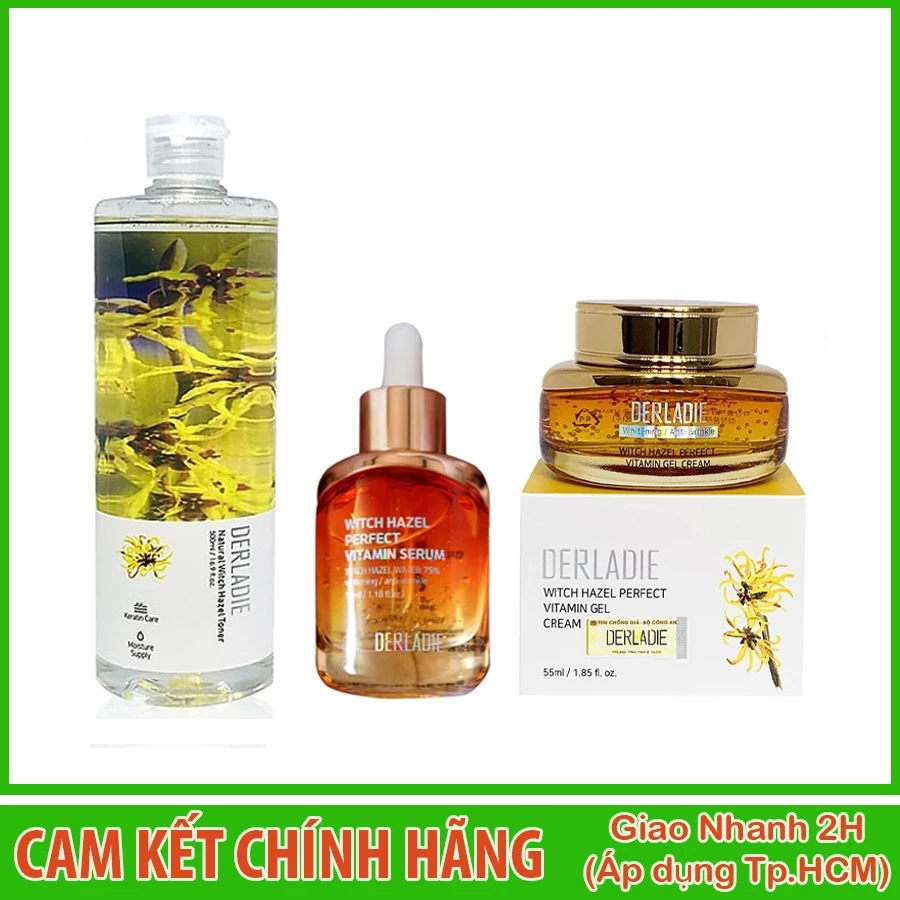 Combo bộ 3 sản phẩm toner serum kem dưỡng ẩm giảm mụn chiết xuất cây phỉ derladie witch hazel perfect vitamin