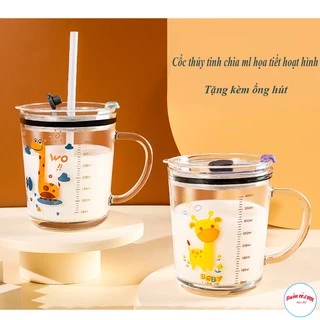 Cốc Thủy Tinh Chia ML Họa Tiết Hoạt Hình Kèm Ống Hút 00837