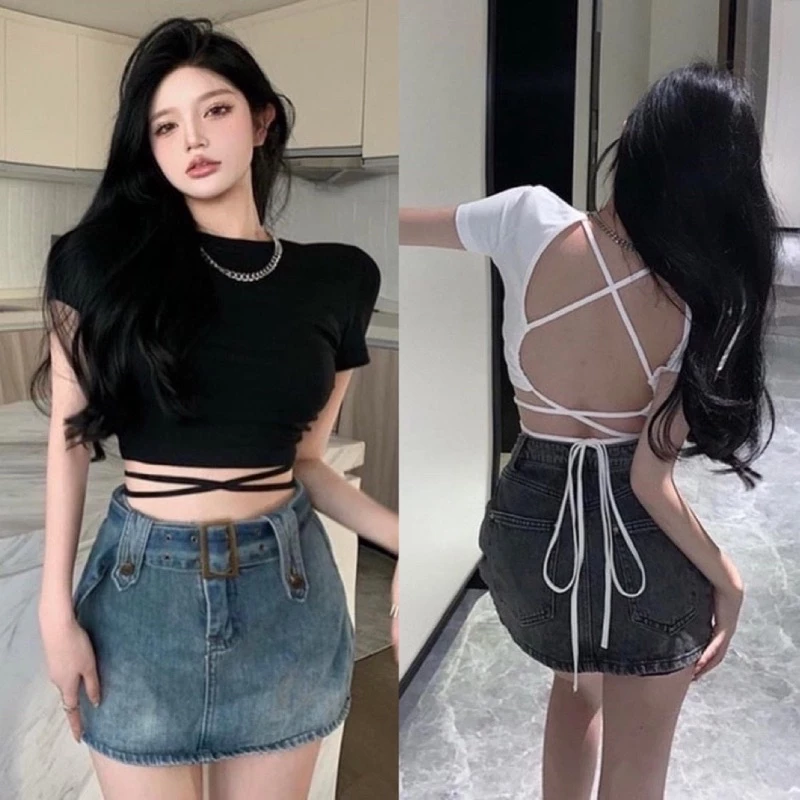 Áo croptop nữ có đệm ngực tay ngắn kiểu đan dây hở lưng chất vải thun 4 chiều