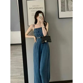 Jumpsuit Yếm Bò 2 Dây Chun Ngực Ống Rộng Kèm Đai Cực Hack Dáng