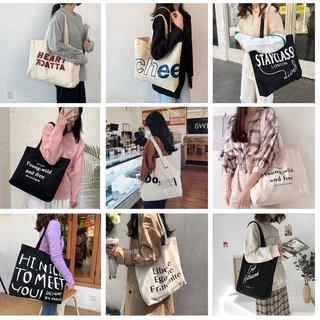 Túi tote túi vải canvas phong cách Hàn quốc có khóa miệng ngăn phụ bên trong thời trang ulzzang