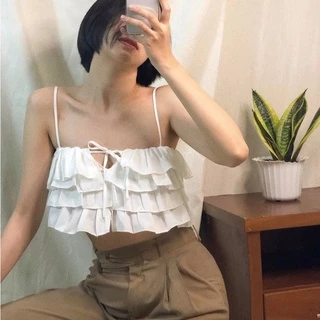 [KÈM QUÀ TẶNG] Áo croptop 2 dây bèo tầng buộc nơ