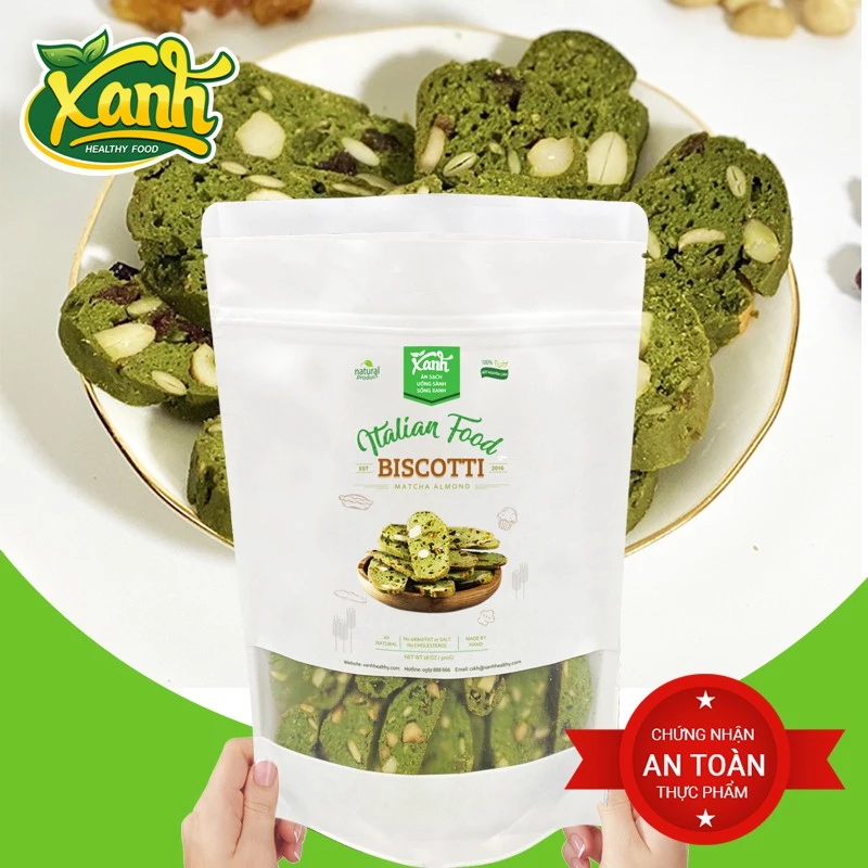 Bánh Biscotti Trà Xanh, bánh ăn kiêng, giảm cân nguyên cám 100%, Không Đường - Túi 500 Gram