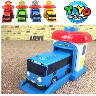 Bộ 1 Xe bus Tayo và 1 gara nhà xe có nút đẩy đồ chơi trẻ em mô hình xe buýt Tayo The little bus