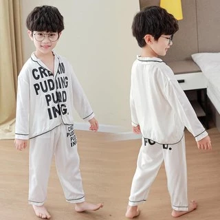 Bộ ngủ dài tay cho bé trai và bé gái , Bộ Pijama chất lụa in chữ dài tay cho bé từ 6 - 28kg