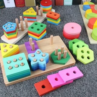 Đồ Chơi Gỗ Montessori Bộ Thả Cọc 6 Hình Khối Màu Sắc Cho Bé Phát Triển Trí Tuệ