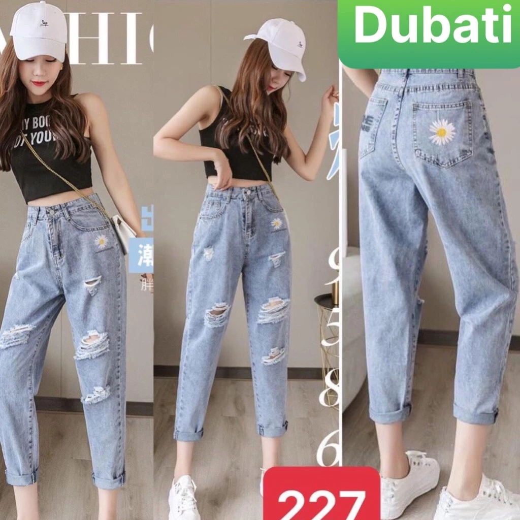 QUẦN JEAN BAGGY NỮ CHẤT BÒ XANH RÁCH HOA CÚC CHỮ LƯNG CAO NÂNG MÔNG -227 CAO CẤP - DUBATI FASHION