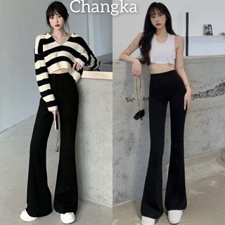 Quần legging ống loe cạp cao co dãn chất vải cotton mềm dày dặn dáng dài cao cấp Quần vải ống loe bigsize cạp chun đen