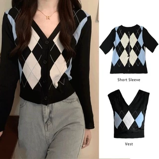 Áo khoác cardigan SUXI tay dài cổ chữ V họa tiết hình thoi thời trang thu phong cách Hàn Quốc cho nữ