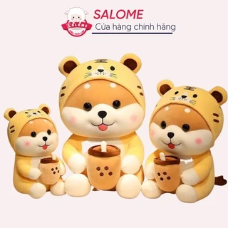 Gấu Bông Chó Shiba Ôm Trà Sữa Size 25cm-80cm To Khổng Lồ Vải Miniso Mềm Mịn SALOME, Thú Nhồi Bông Chó Đội Nón Hổ Vàng