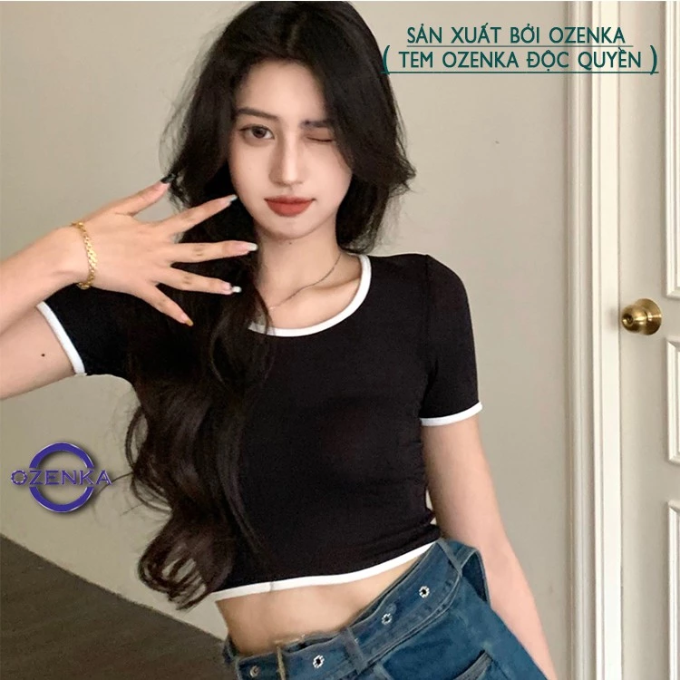 Áo croptop nữ cổ vuông, áo croptop ôm tay ngắn sexy thun gân 100% cotton OZENKA nhiều màu hàng đẹp