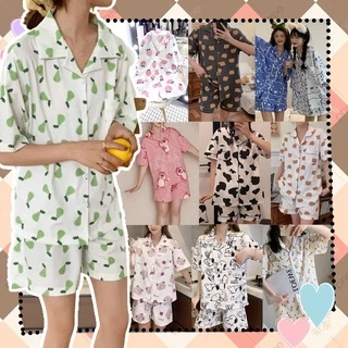 SUSQ1 Đồ bộ Pijama nam nữ ngủ cộc tay gấu xanh trắng mặc nhà cute Quần sooc đùi short ngắn áo cổ vest form rộng unisex