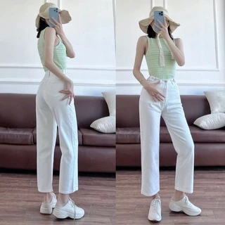 Quần jean nữ baggy lưng cao ống xuông, quần bò đai 5 nút chỉnh eo màu trắng Basic