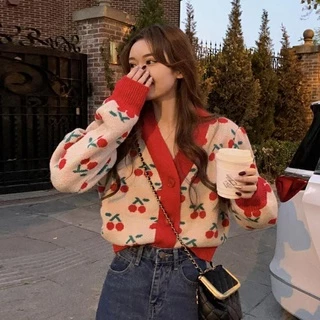 Hàng Sẵn_Áo len cardigan nữ họa tiết cherry đỏ phong cách Hàn