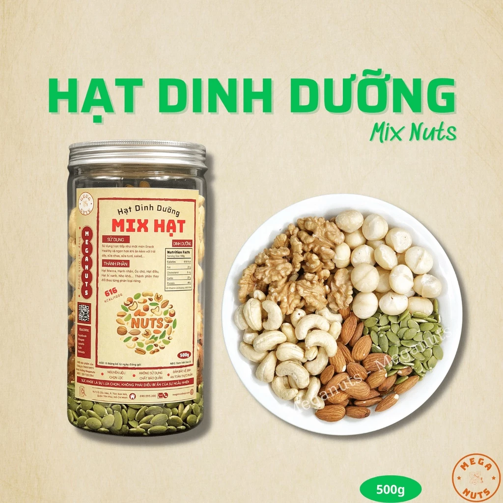 Hạt Dinh Dưỡng mix 6 loại hạt 500g Đã Sấy Chín Ăn Liền - Hạt Nhập Khẩu Cao Cấp siêu ngon Meganuts