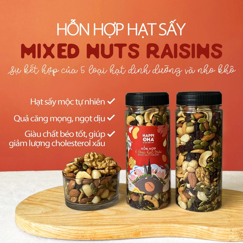 Hỗn hợp 6 Loại Hạt Trái Mixed Nuts Raisins HAPPI OHA 300g - 480g