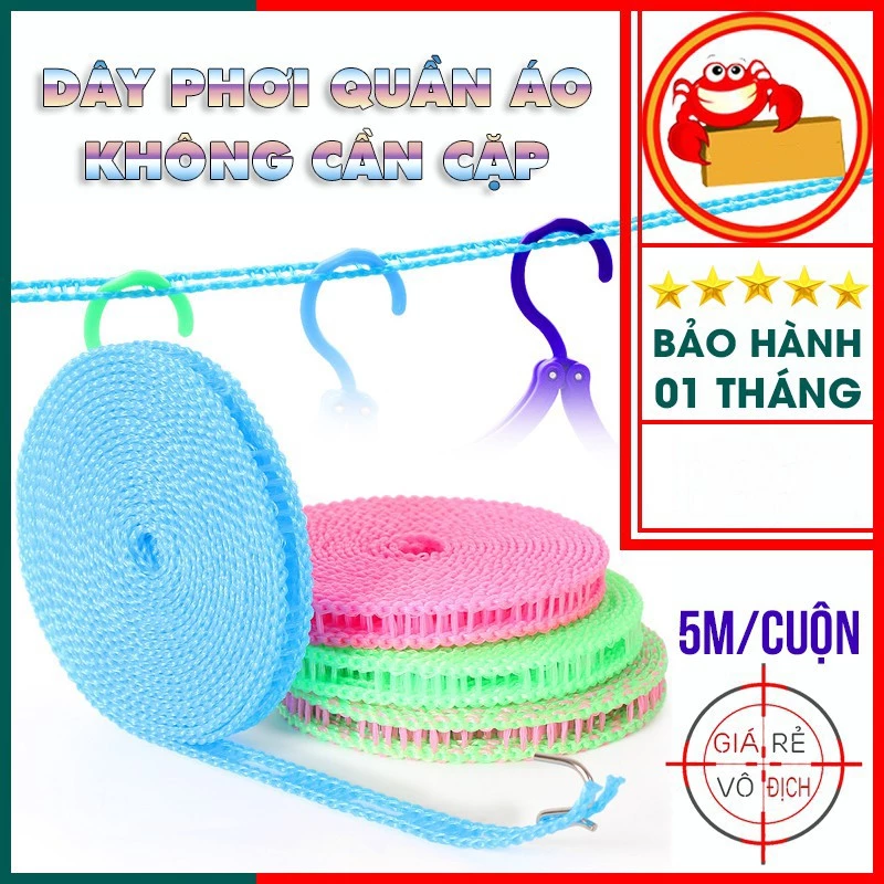 Dây phơi quần áo - Dây phơi đồ thông minh - dây phơi 5m không cần cặp(.....K3H4O3....)