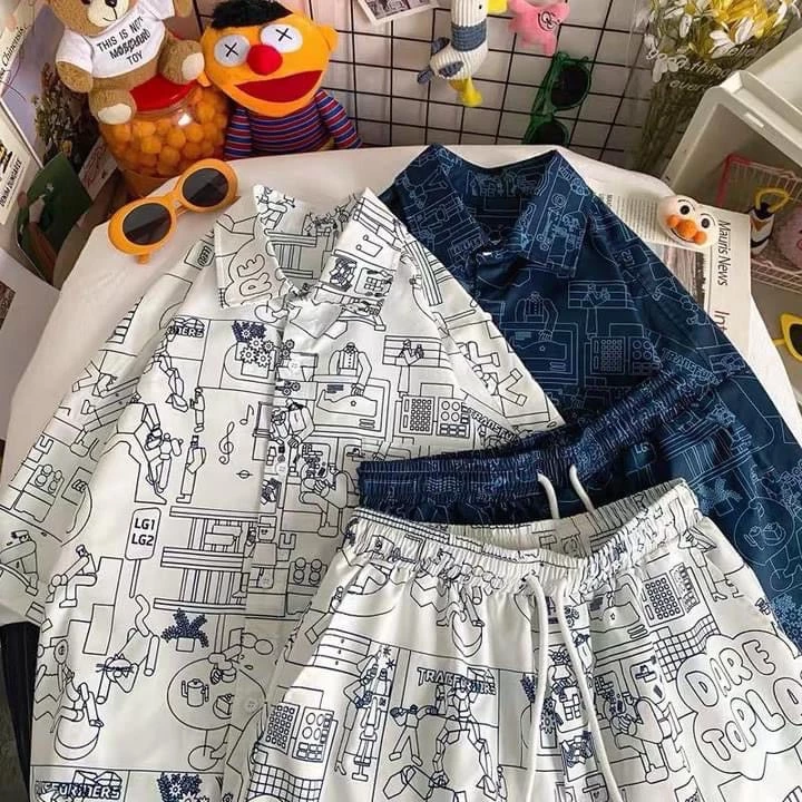 Set bộ quần áo cộc unisex nam nữ cực đẹp, Set quần áo sơ mi cộc phom rộng mặc đi chơi, đi biển, đi du lịch SDB