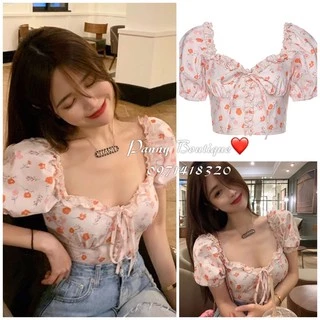 [Order có ảnh thật] Áo croptop cổ vuông hoa nhí tông cam đào , style ulzzang Hàn Quốc 🌻 Panny Boutique 🌻