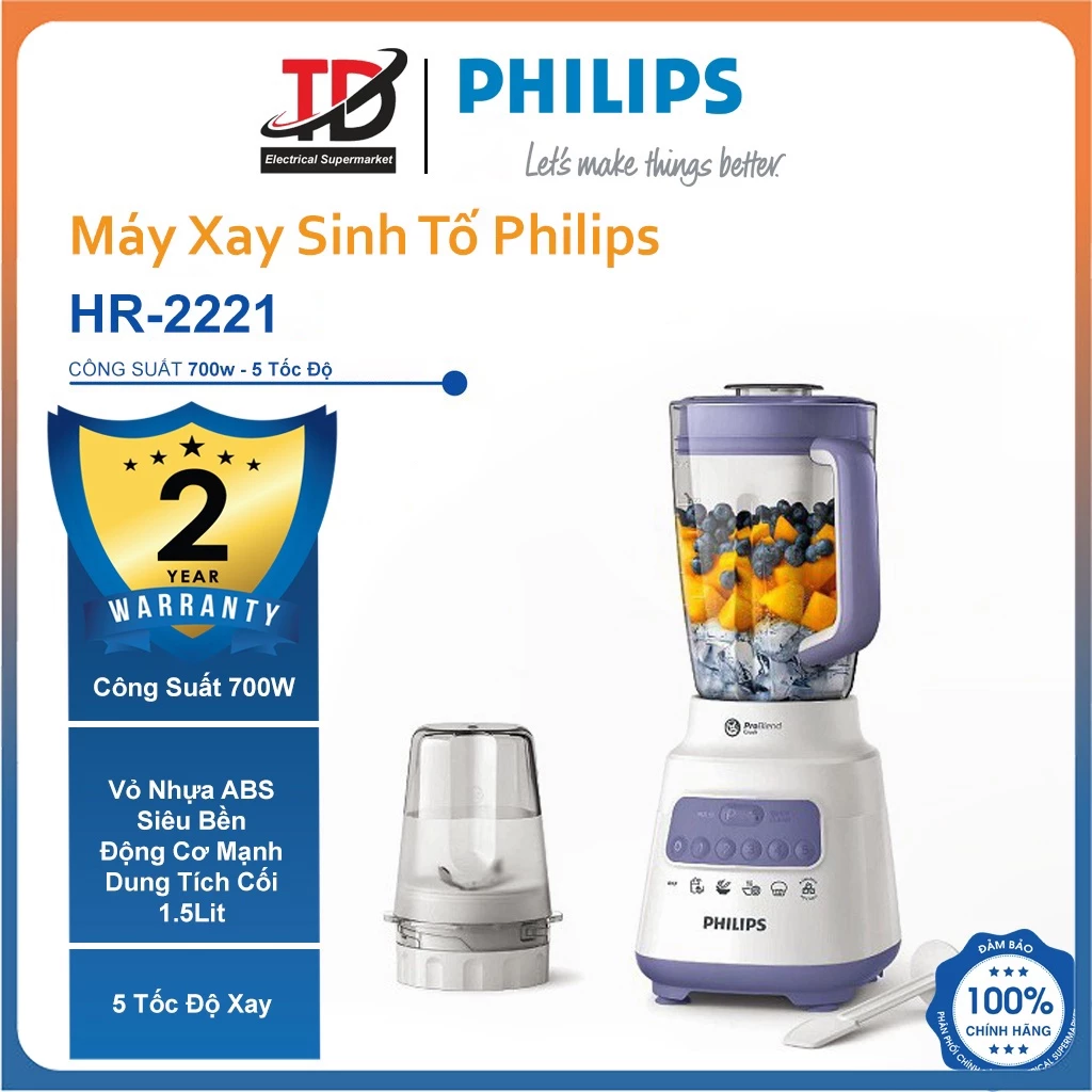 Máy Xay Sinh Tố Philips HR2221 - Công suất 700W Xay Đá , Xay Hạt - Bảo Hành Chính Hãng 2 Năm