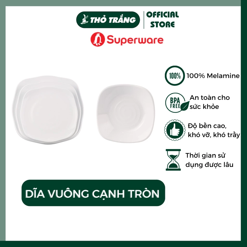 Dĩa vuông Melamine cạnh tròn Srithai Superware Thái Lan cao cấp